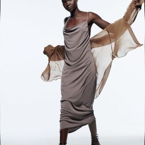 Zara Drapey Midi Dress Taupe Stretchy Strappy